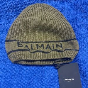 Balmain Men’s Wool & Cashmere Rib Beanie In Khaki/Black OS